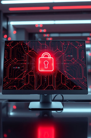 Cybersecurity concept. Lock icon on computer screen. 3d renderingの素材