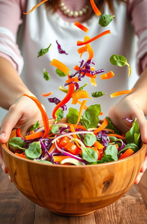 Close-up of woman hands mixing salad with fresh vegetables in wooden bowlの素材