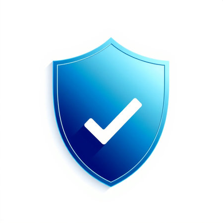Blue shield with check mark icon on white background. Vector illustration.の素材