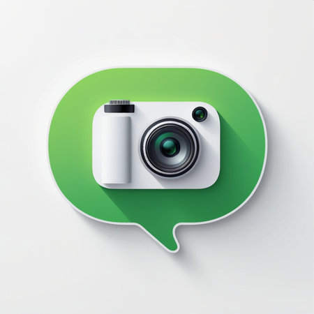 Vector camera icon. Green speech bubble with long shadow. Eps10の素材