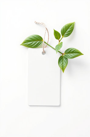 Blank tag with green leaves on white background. Flat lay, top view.の素材