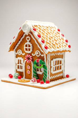 Gingerbread house with Christmas decoration on a white background.の素材