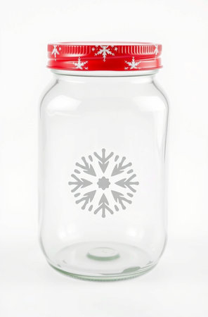 Glass jar with snowflake isolated on white background. Studio shot.の素材