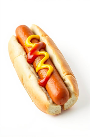 Hot dog with mustard on white background, close-up, isolatedの素材