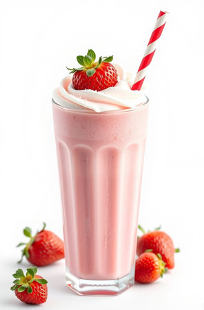 strawberry milkshake in glass with straw on white backgroundの素材