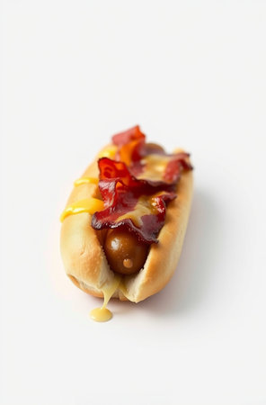 hot dog with sausage and ketchup on white background, fast foodの素材