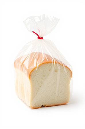 Loaf of bread in plastic bag isolated on a white background.の素材