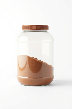 Chocolate protein powder in a jar isolated on a white background.の素材