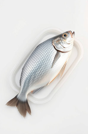 Fresh fish on a plastic tray, isolated on white background, studio shotの素材