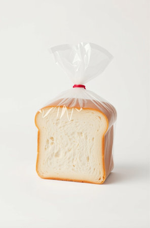 A loaf of bread in a plastic bag on a white background.の素材