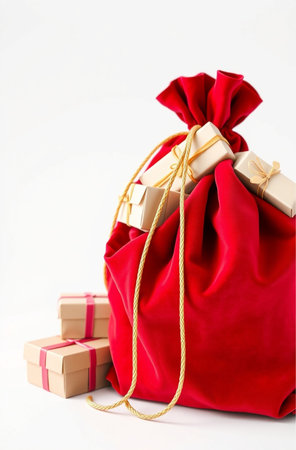 Christmas presents in red bag with gold ribbon on white background with copy spaceの素材