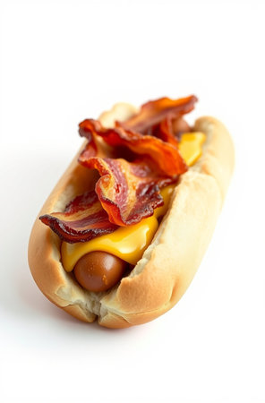 Hot dog with bacon and cheese isolated on white background. Fast food.の素材