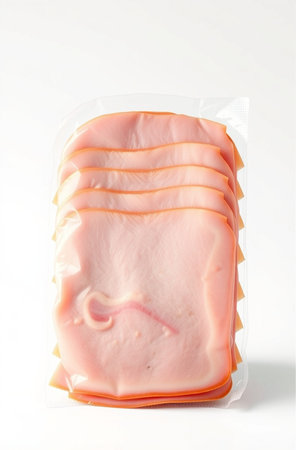 Slices of ham in a plastic package on a white backgroundの素材