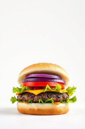 Cheeseburger with beef patty and vegetables on white backgroundの素材