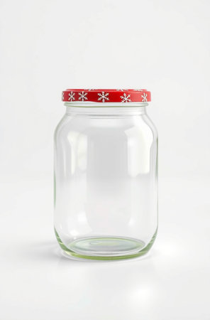 Empty glass jar with red Christmas ornaments on white backgroundの素材