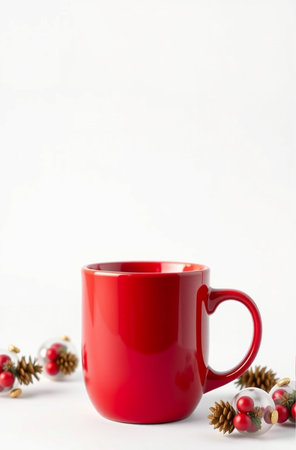 Red mug with Christmas decoration on white background. Copy space.の素材