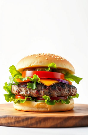 Cheese burger - American cheese burger with fresh salad on white backgroundの素材