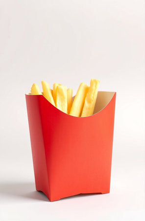 French fries in a red box on a white background, fast foodの素材