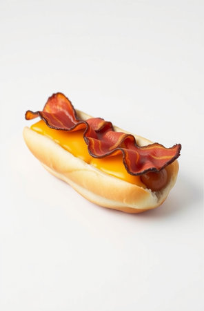 Hot dog with salami and mustard isolated on a white background.の素材