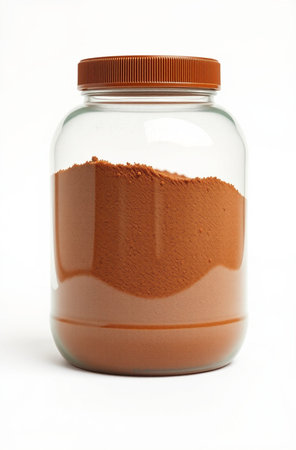 Chocolate powder in a glass jar isolated on white background with clipping pathの素材
