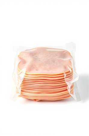 Slices of ham in plastic bag isolated on white background.の素材