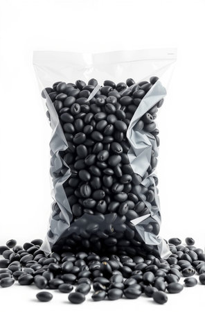 Black beans in plastic bag isolated on white background with clipping path.の素材