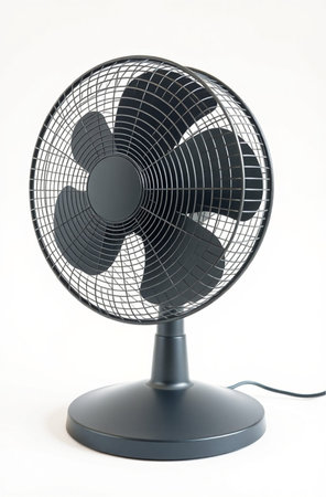 Black electric fan isolated on a white background. 3d render.の素材