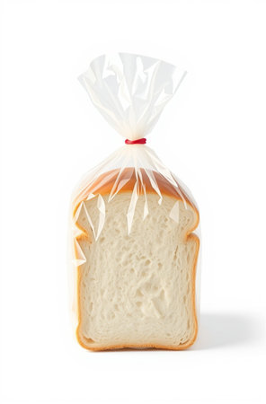 loaf of white bread in plastic bag isolated on white background.の素材