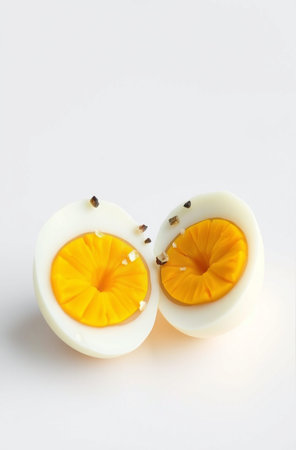 Eggs cut in half on a white background, isolate.の素材