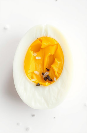 Boiled egg with spices isolated on white background. Top view.の素材