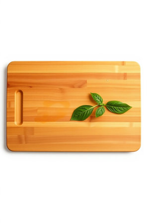 Wooden cutting board with fresh basil leaves isolated on white background.の素材