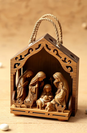 Christmas nativity scene with baby Jesus and Joseph in wooden boxの素材