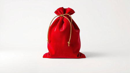 Red velvet gift bag with golden bow on white background. 3d renderingの素材