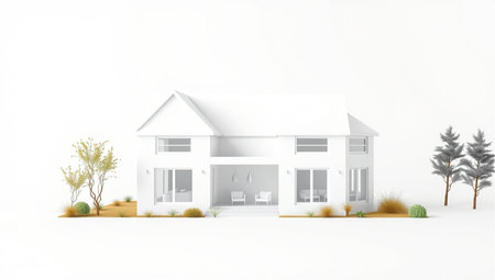 3D rendering of a modern house on a white background with treesの素材