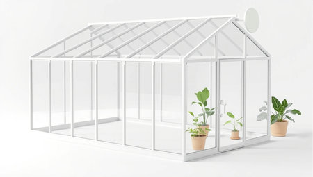 Greenhouse with plants in pots on a white background. 3d renderingの素材