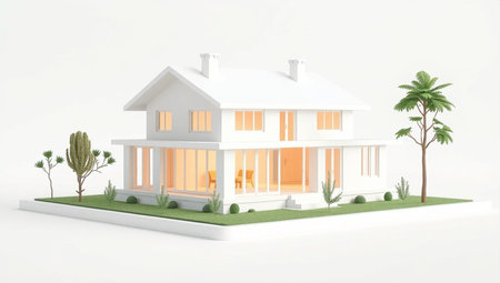 3D rendering of a modern house on a white background with a gardenの素材