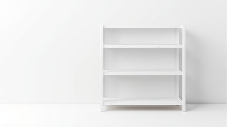 White empty shelf on white wall. 3d render illustration mockupの素材