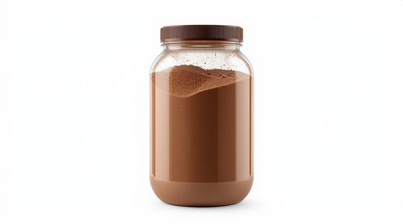 Chocolate protein powder in a glass jar isolated on white background. 3d illustrationの素材
