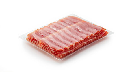 Slices of smoked bacon in plastic tray isolated on white backgroundの素材