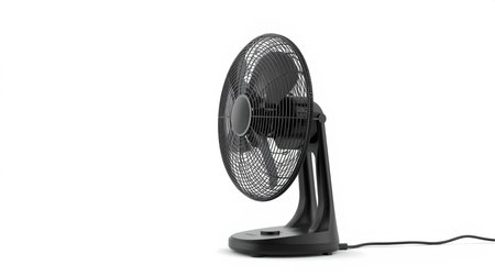 Black electric fan isolated on white background. 3d render illustration.の素材