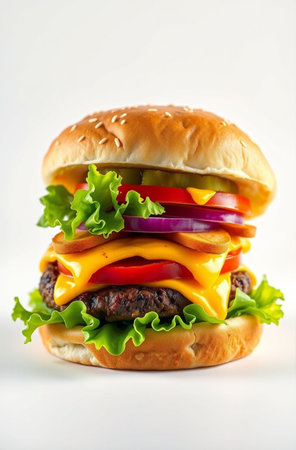 Big hamburger with cheese, lettuce, tomato and onion on white backgroundの素材