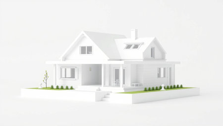 3D rendering of a modern house isolated on a white background.の素材