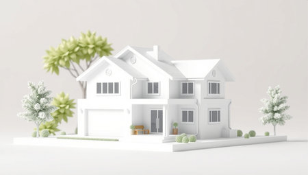 3D render of a house with trees and bushes on a white backgroundの素材