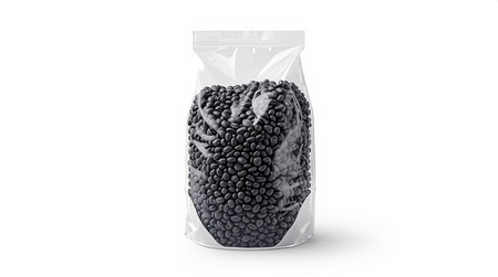 Black beans in plastic bag on white background. 3d rendering.の素材