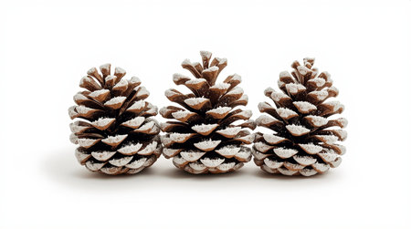 Three pine cones isolated on a white background. Pine cones with snow.の素材