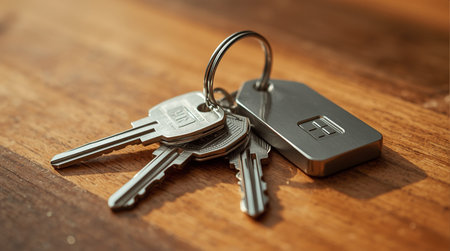 Key ring with key chain on wooden background. Real estate concept.の素材