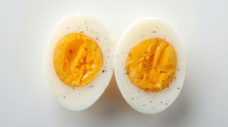 Boiled eggs with spices on a white background, top view.の素材