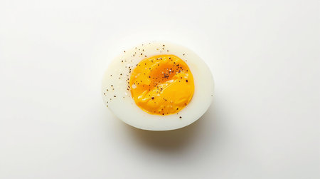 Boiled egg with mustard and pepper on white background, top viewの素材