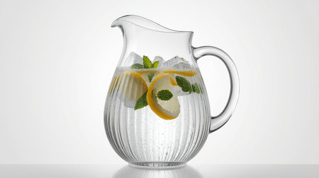 Glass jug of water with lemon and mint. 3d illustration.の素材