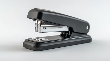 Black stapler isolated on white background, close up shot.の素材